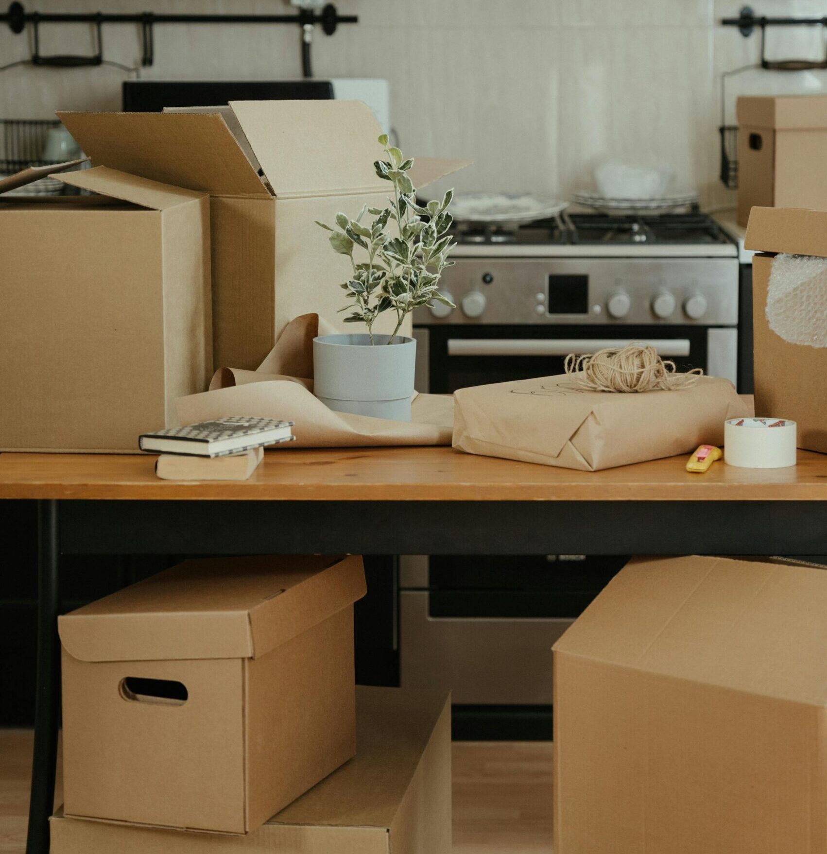 A home kitchen featuring moving boxes, packing materials, and a potted plant on the table.